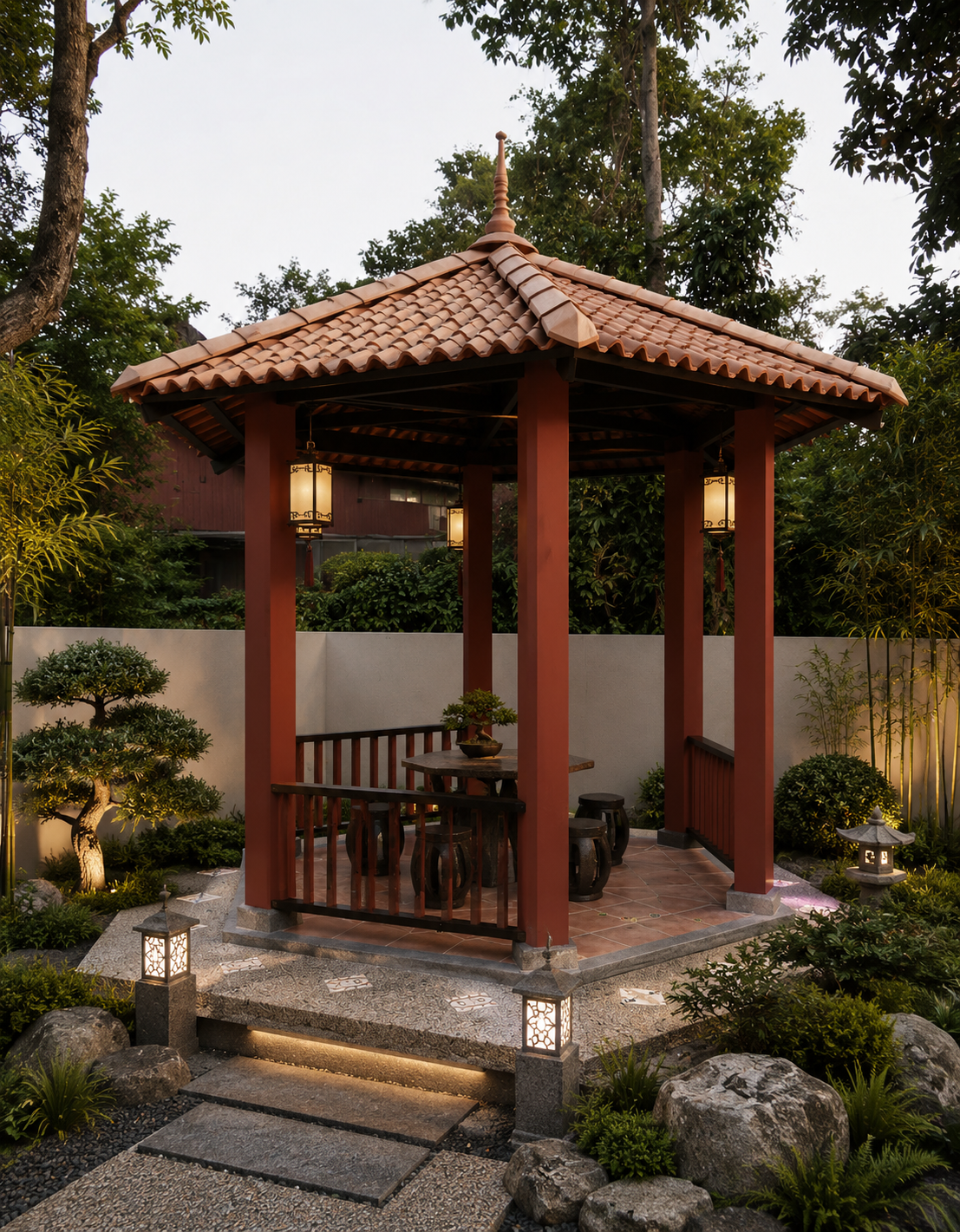 After — the same Chinese pagoda framed by bonsai, bamboo, stone lanterns, a stepping-stone path and warm uplighting at dusk, by GP FloraL