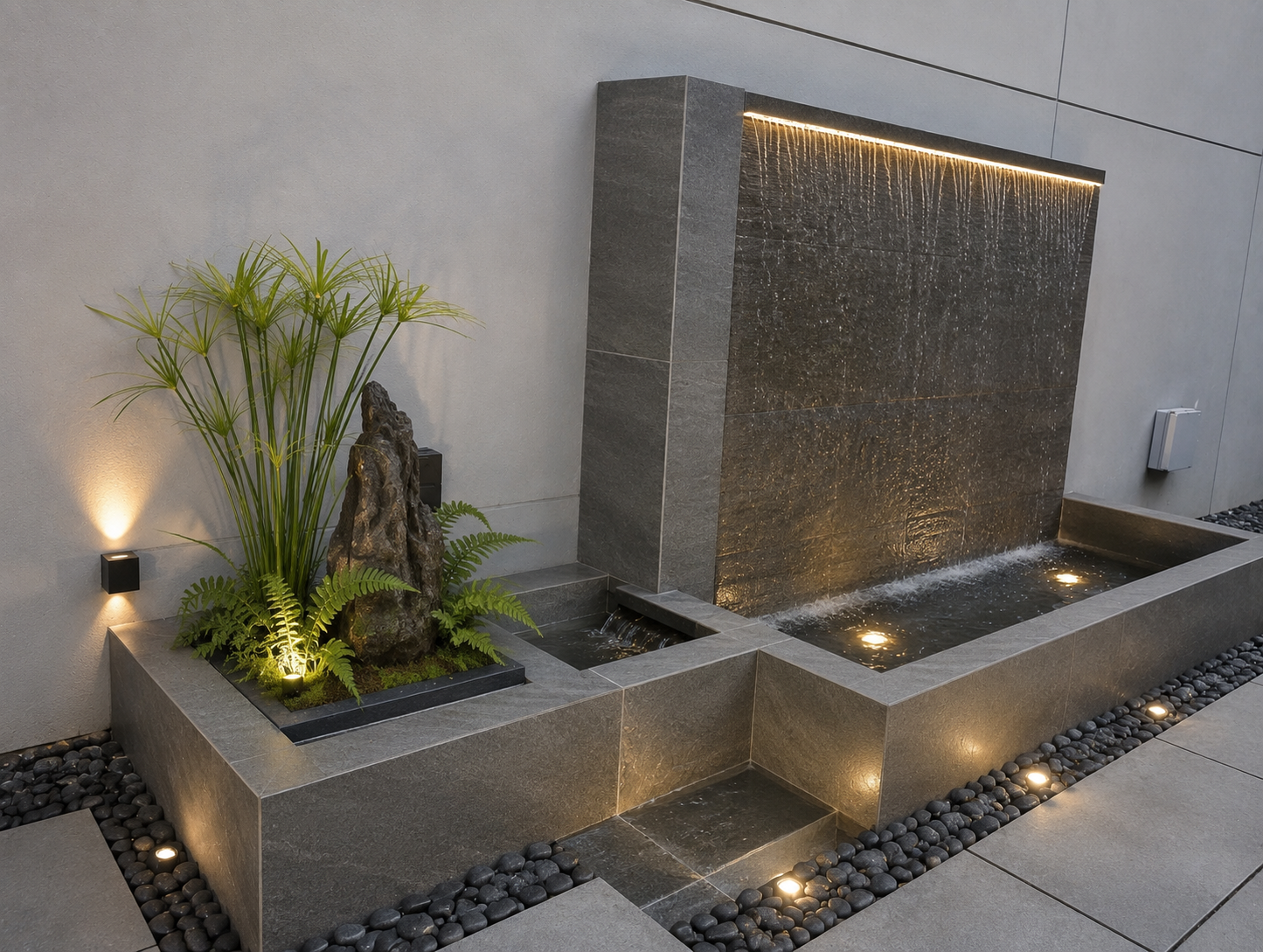 Commercial café courtyard landscaping in Penang with a stone water feature and tropical planting, by GP FloraL