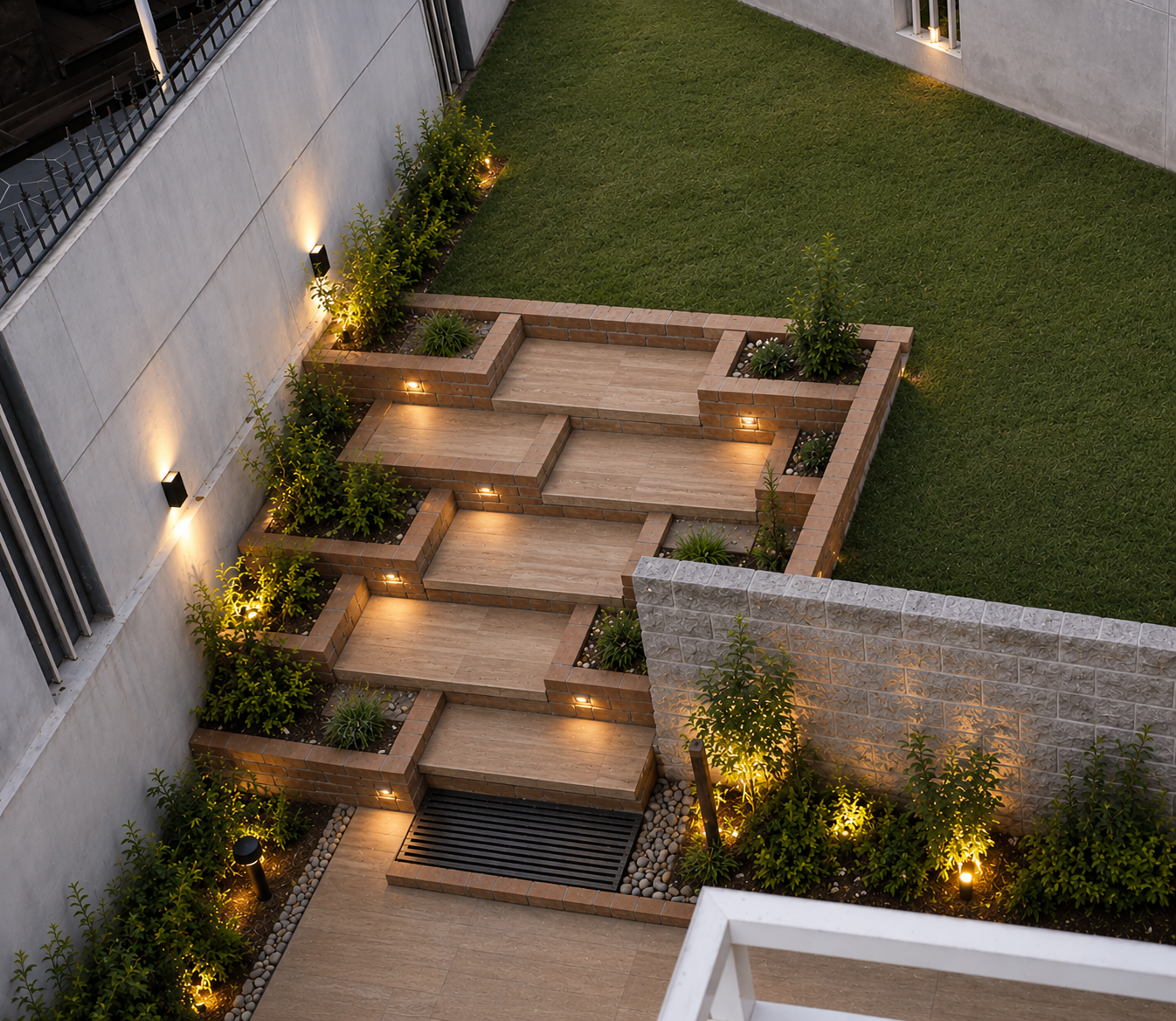 Renovated garden in Penang after transformation, with tiered planting beds and artificial lawn, by GP FloraL