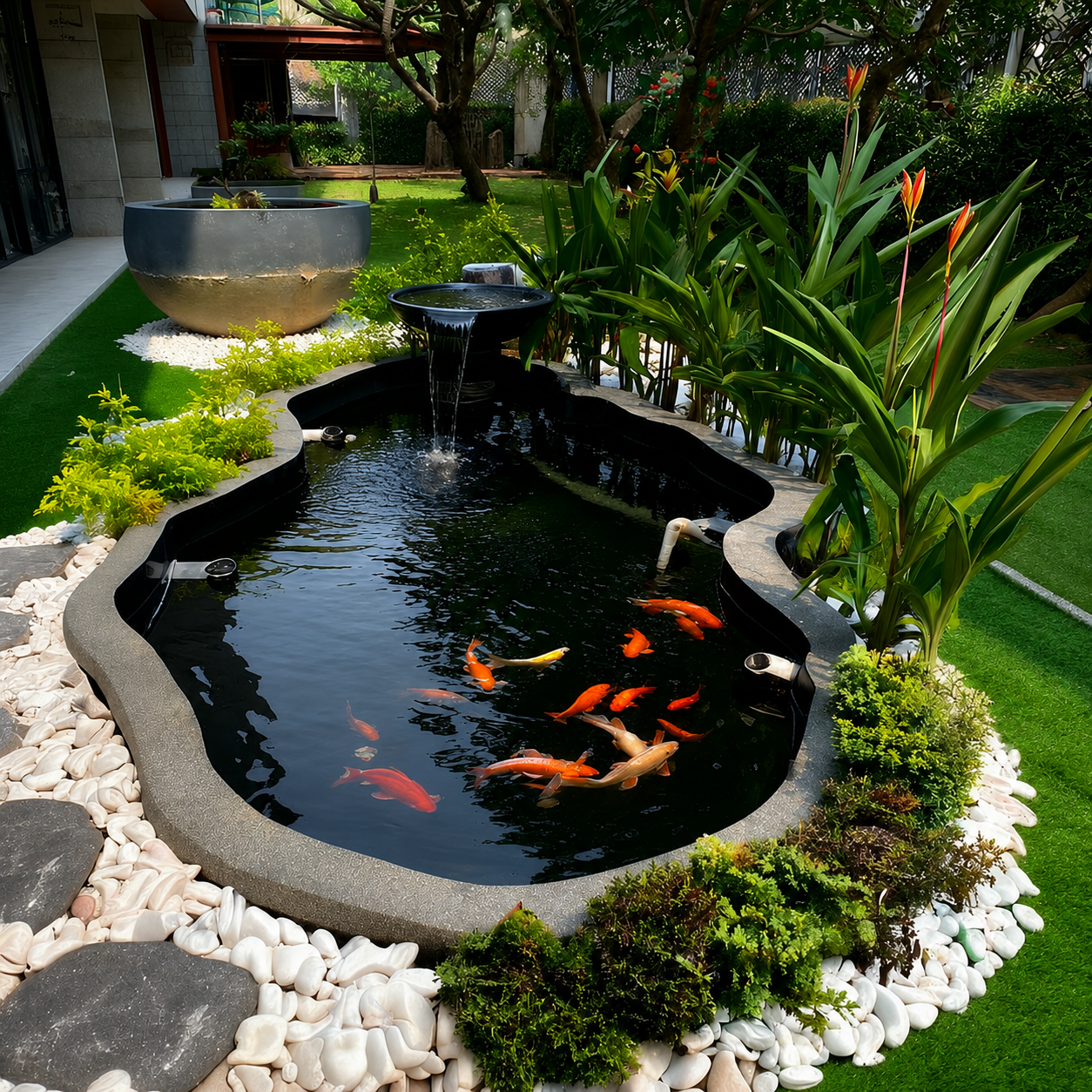 Koi pond maintenance and cleaning for a rock waterfall pond in Penang, by GP FloraL