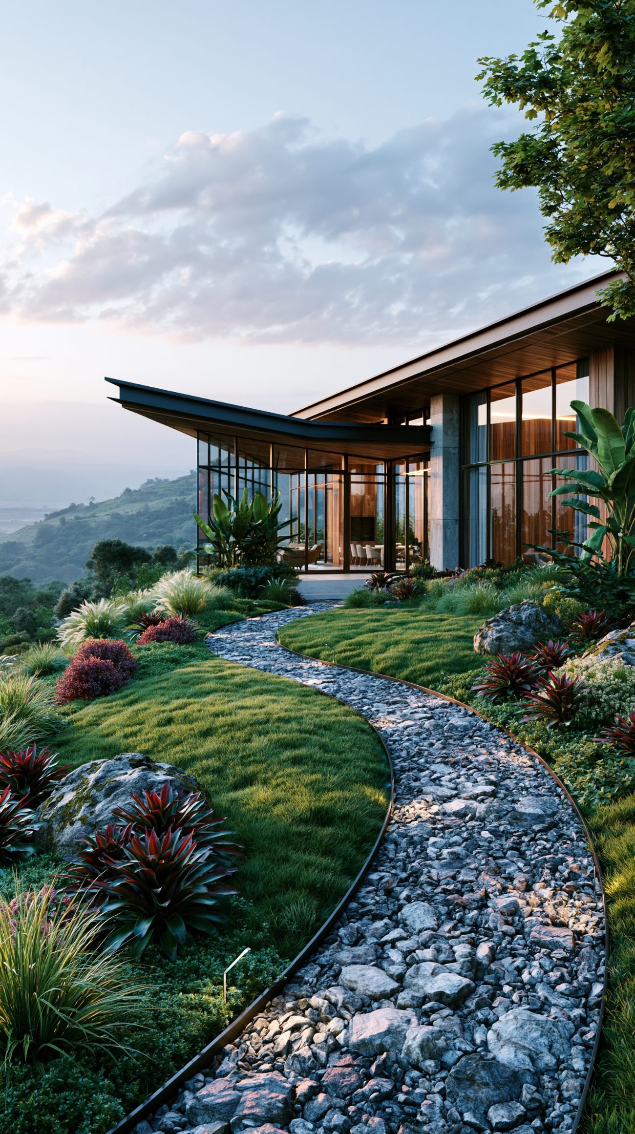 Residential garden landscaping in Penang with stone path, lawn and tropical planting by GP FloraL