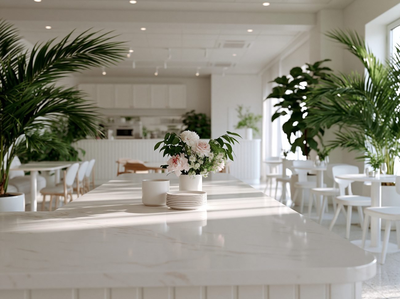 Office café filled with rented palms and greenery supplied by GP FloraL
