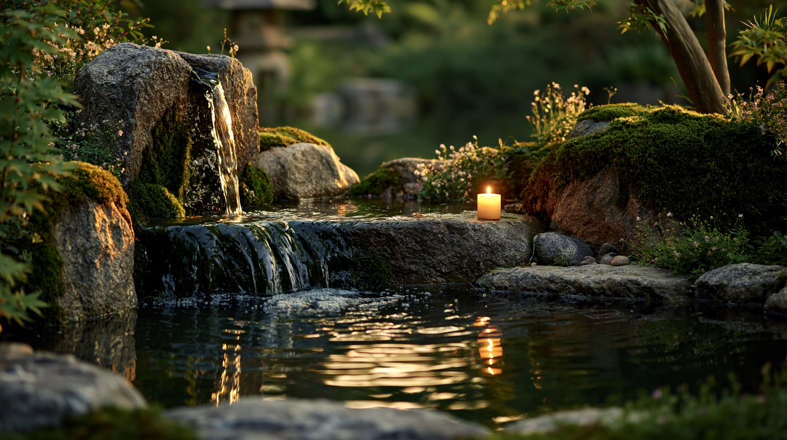 Koi pond with rock waterfall at dusk — GP FloraL water feature, Penang