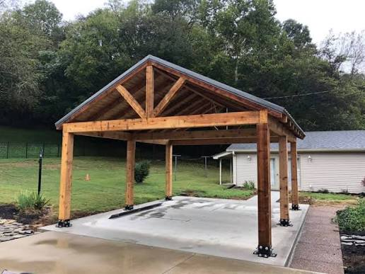 Timber gable pavilion with cedar posts over a concrete pad — GP FloraL custom woodworks, Penang