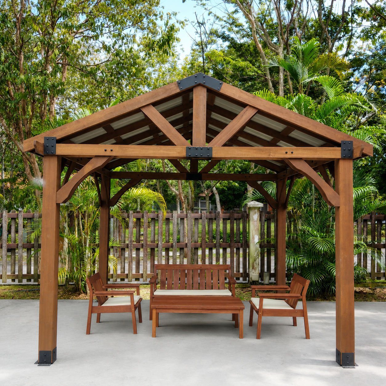 Timber gable-roof gazebo with bench and armchair seating, built by GP FloraL in Penang
