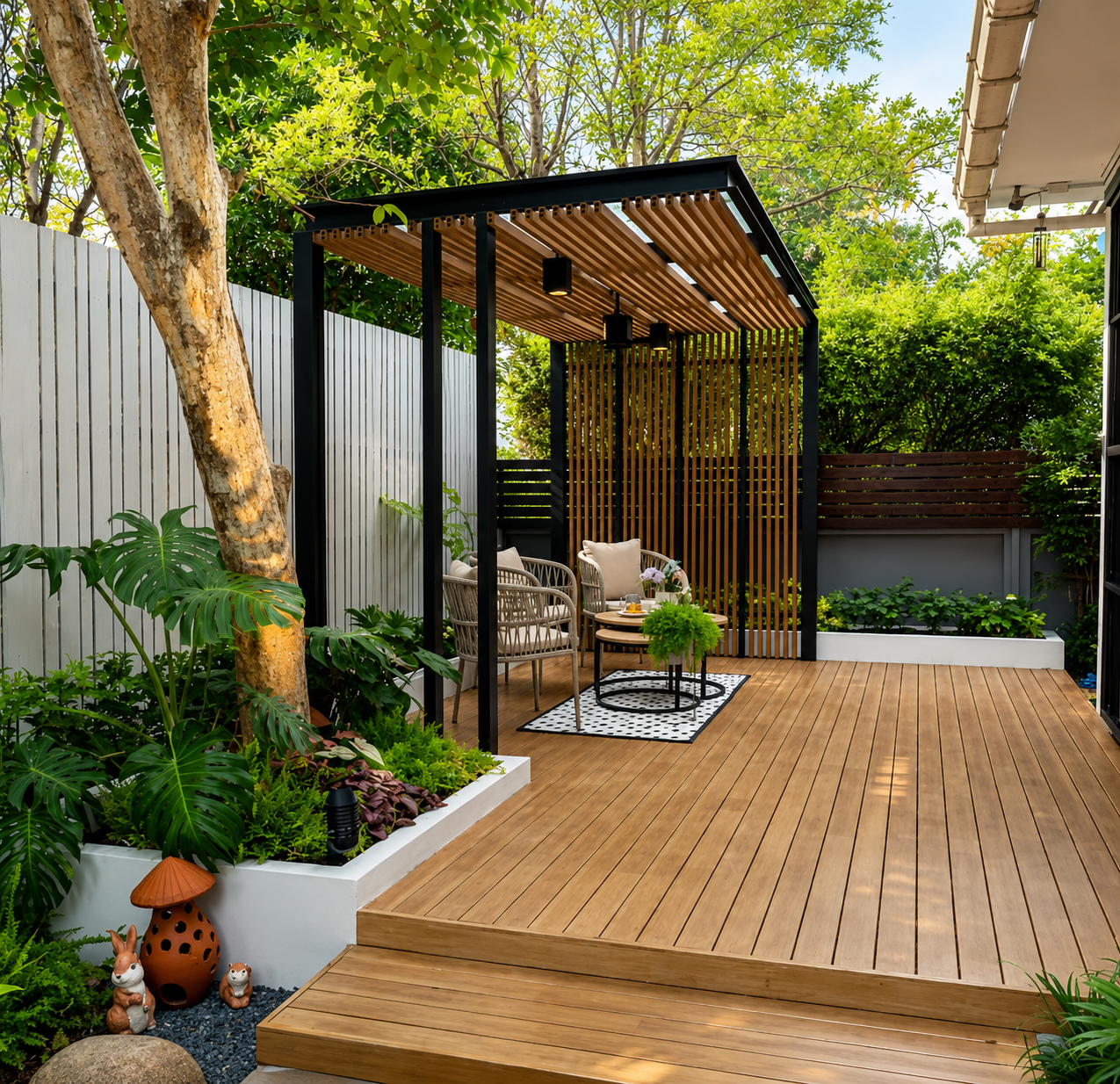 Modern black-framed timber slat pergola over a wooden deck with outdoor lounge seating, built by GP FloraL in Penang