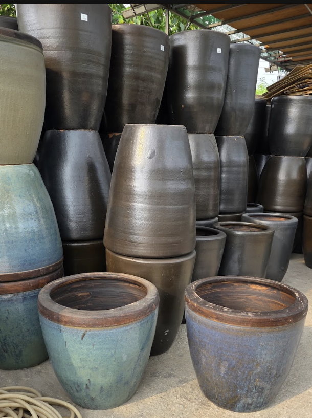 Glazed ceramic pottery, urns and planter pots for sale at GP FloraL wholesale nursery in Penang