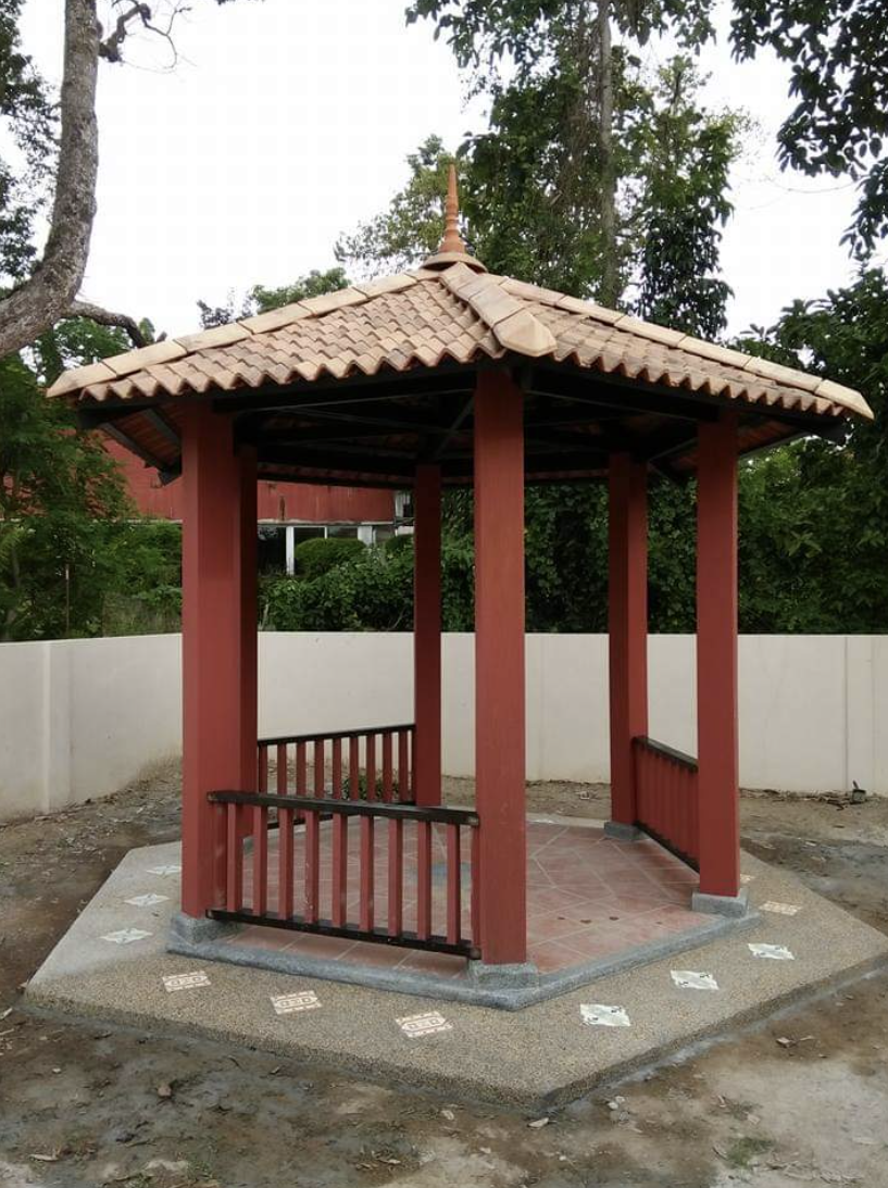 Terracotta timber gazebo with clay-tile roof on an aggregate base, built by GP FloraL in Penang